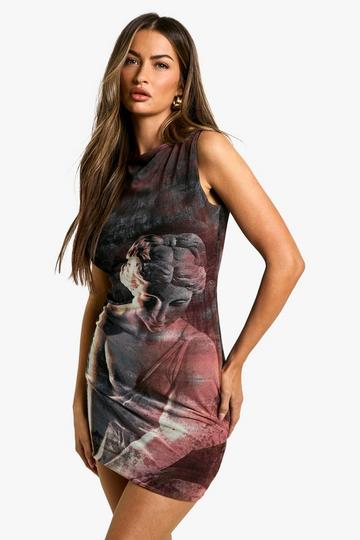 Ärmelloses Mesh-Minikleid mit Renaissance-Print brown