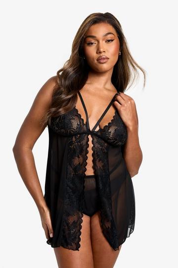 Plus Zwarte Kanten Babydoll Met Split black