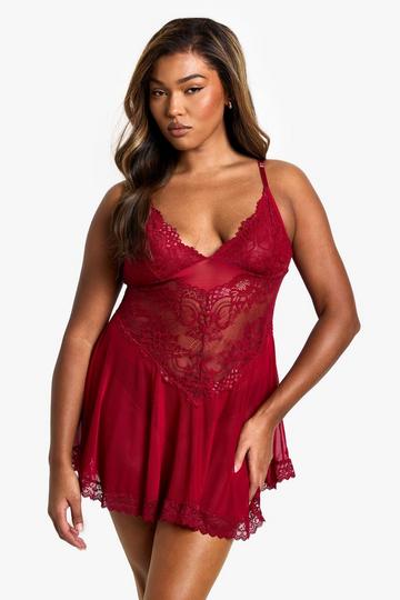 Plus Burgundy Strappy Lace & Mesh Babydoll burgundy