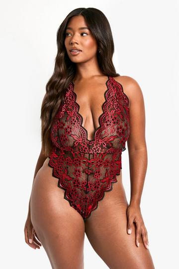 Plus Red Two Tone Lace Crotchless Bodysuit dark red