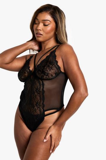 Plus Zwarte Gekruiste Bodysuit Met Kanten Cups black