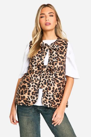 Gewatteerde Luipaardprint Bodywarmer Met Stiksels En Strik leopard