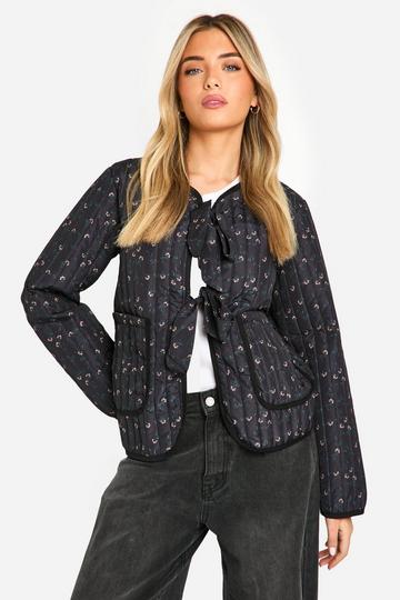 Blue Floral Bow Detail Quilted Jacket