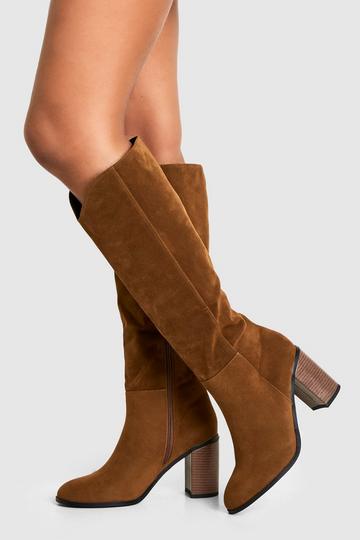 Taupe Beige Faux Suede Wooden Stack Heel Detail Knee High Boot