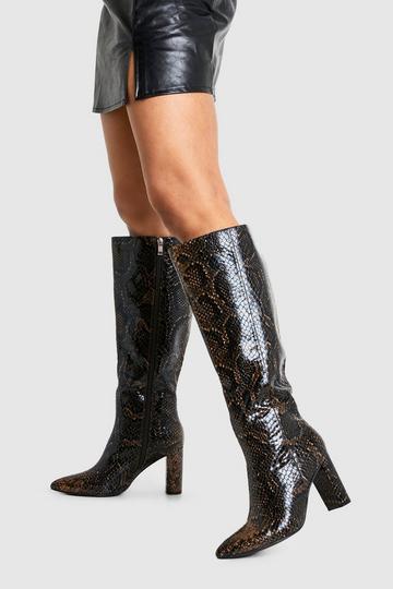 Snakeskin Pointed Toe Knee High Boots snake