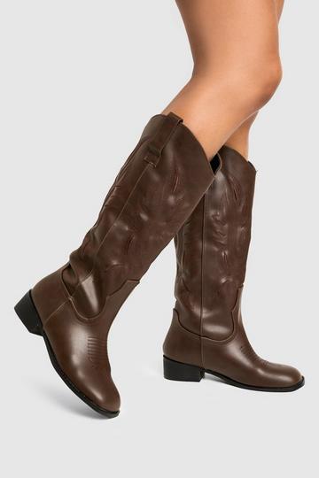 Square Toe Low Heel Knee High Western Boots brown