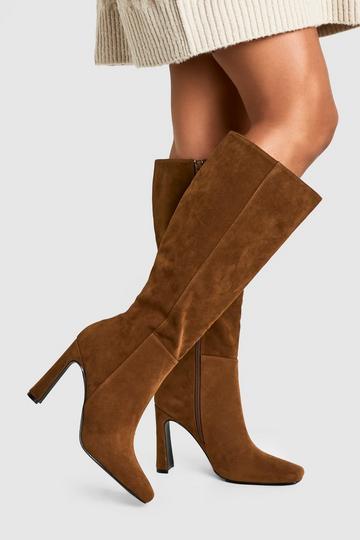 Faux Suede Square Toe Flared Heel Knee High Boots taupe