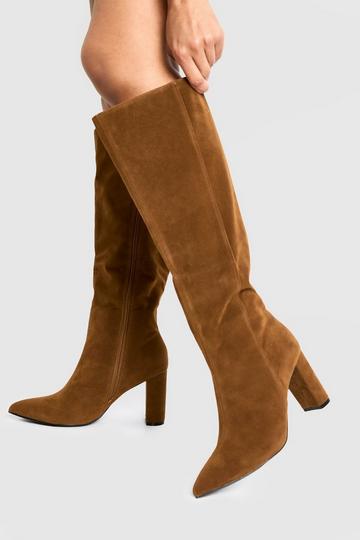 Taupe Beige Faux Suede Wide Fit Pointed Toe Knee High Boots