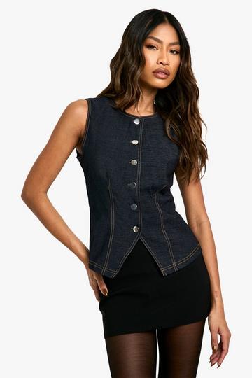 Stretch Long Line Gilet Met Knopen dark indigo