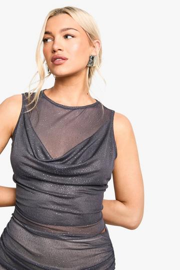 Glitter Mesh Cowl Front Sleeveless Top charcoal