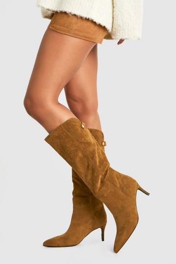 Taupe Beige Faux Suede Curved Stiletto Knee High Boots