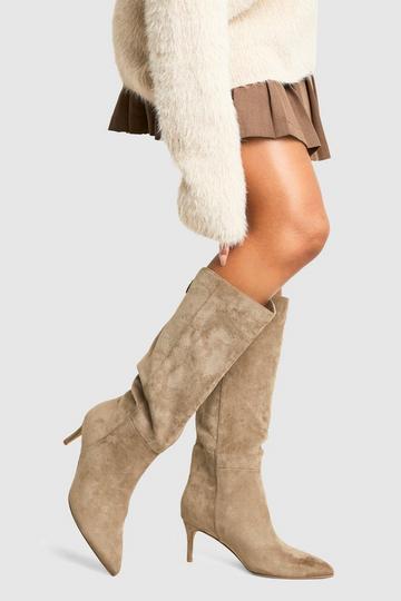 Grey Faux Suede Wide Fit Curved Stiletto Knee High Boots