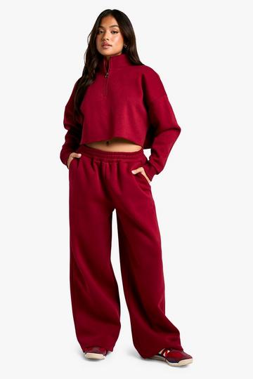 Petite Half Zip Cropped Sweatshirt Wide Leg Tracksuit burgundy