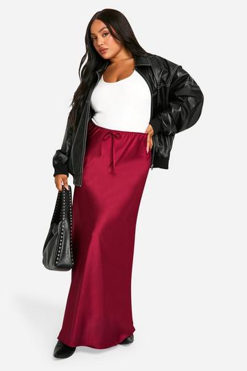 Plus Satin Drawcord Maxi Skirt cherry