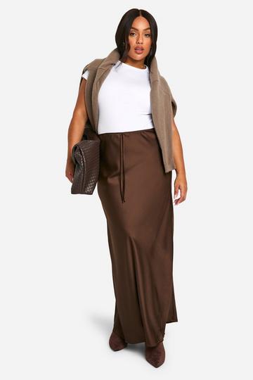 Plus Satin Drawcord Maxi Skirt chocolate