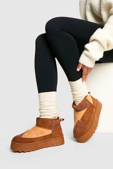 Tan Brown Patchwork Platform Cozy Boot