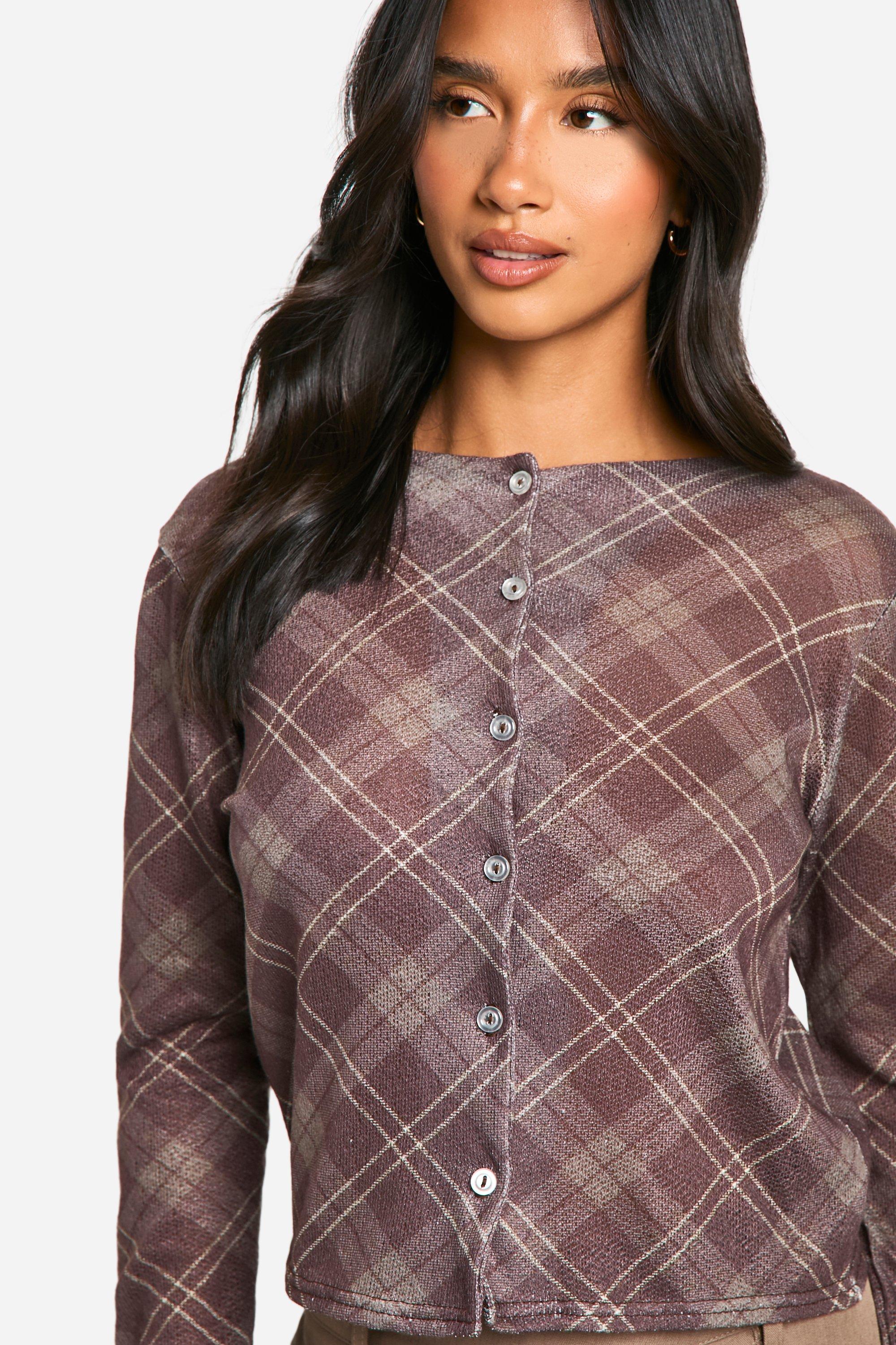 boohoo Brown Women s Petite Check High Neck Cardigan Size 40