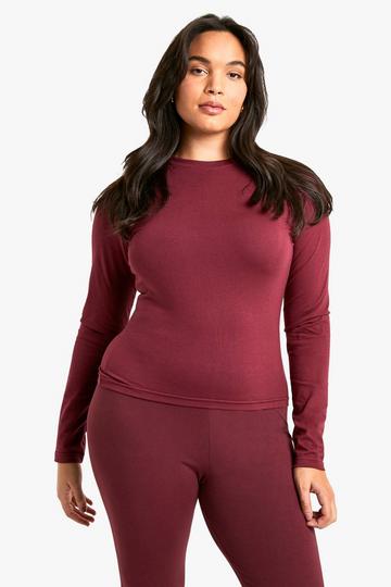 Plus Cotton Long Sleeve Fitted T-Shirt burgundy