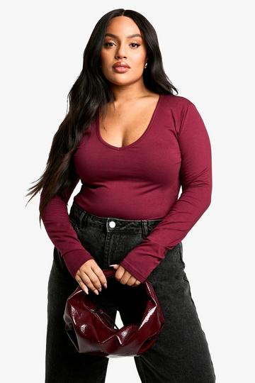 Plus Cotton Plunge Long Sleeve Bodysuit burgundy
