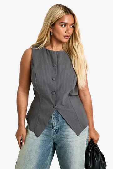 Plus Pinstripe Self Fabric Button Front Waistcoat slate grey