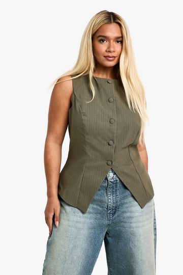 Plus Pinstripe Self Fabric Button Front Waistcoat khaki