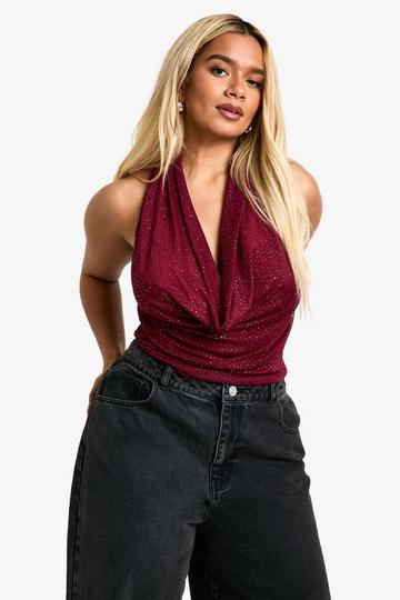 Plus Glitter Mesh Cowl Front Bodysuit burgundy