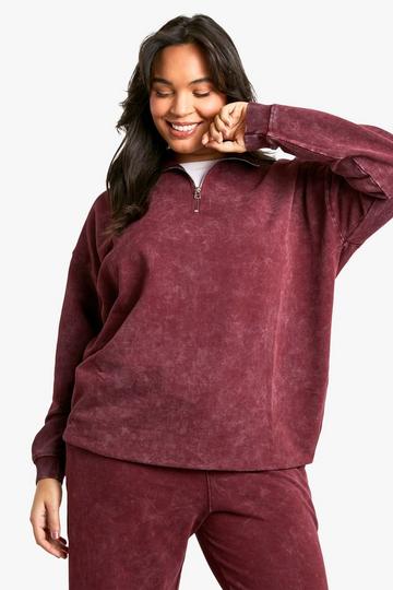 Plus Burgundy Premium Overdye Oversized Half Zip Sweatshirt burgundy