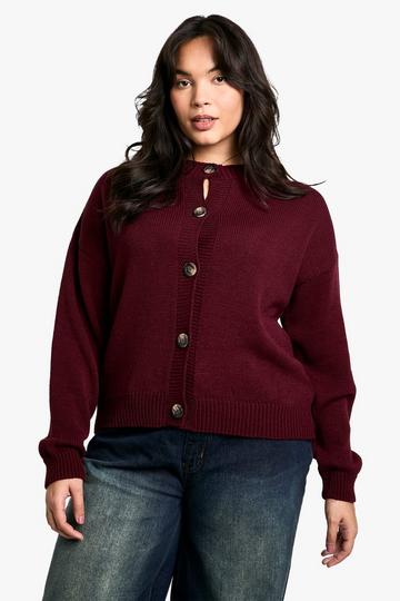 Plus Crew Neck Soft Knit Cardigan plum