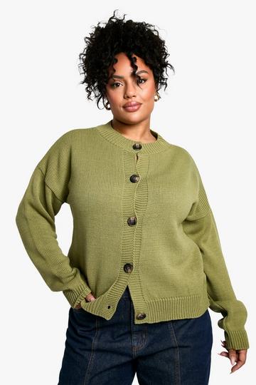 Khaki Plus Crew Neck Soft Knit Cardigan