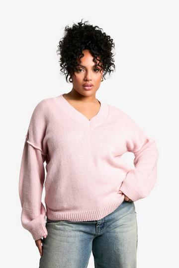 Plus Soft Knit Seam Detail V Neck Slouchy Jumper baby pink