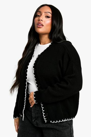 Black Plus Blanket Stitch Knitted Crop Cardigan