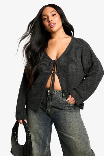 Plus Tie Front Oversized Soft Knit Cardigan charcoal