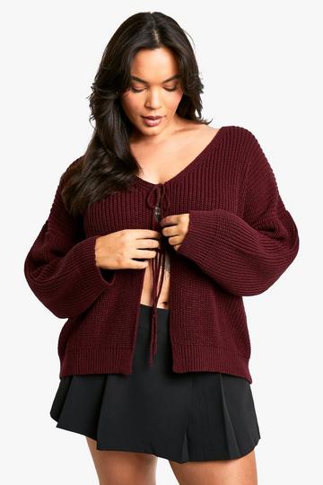 Plus Tie Front Oversized Soft Knit Cardigan burgundy