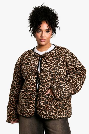 Plus Leopard Tie Detail Padded Jacket brown