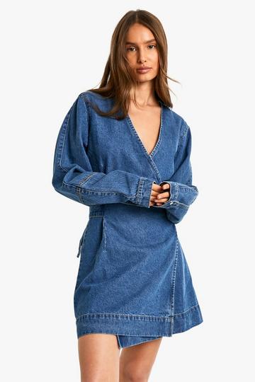 Wrap Denim Belted Dress mid wash