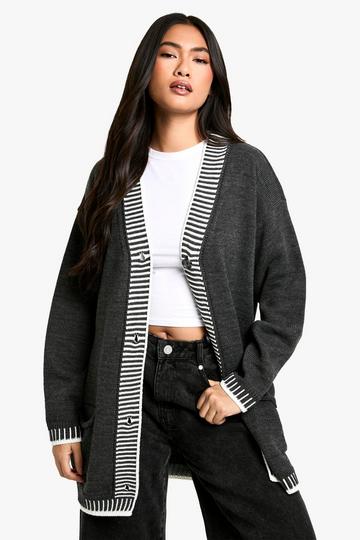 Contrast Stitch Oversized Knitted Cardigan charcoal