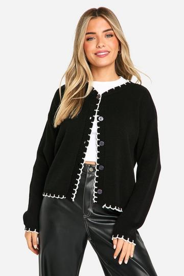 Blanket Stitch Knitted Crop Cardigan black_ecru