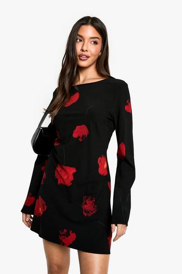 Dark Floral Low Back Flare Sleeve Dress black