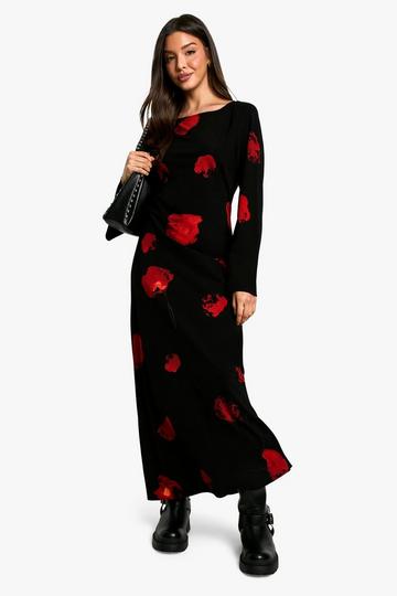 Donkere Bloemen Maxi Jurk Met Wijde Mouwen black