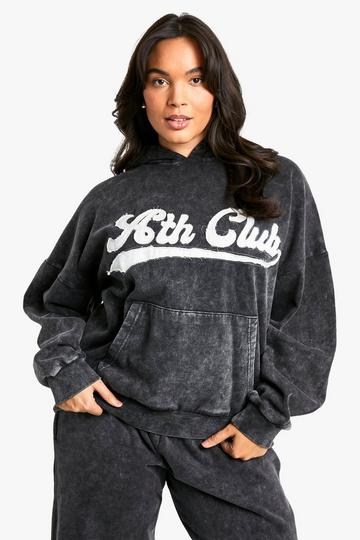 Plus Ath Club Slogan Applique Acid Wash Oversized Hoodie charcoal