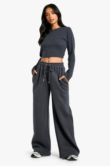 Petite Double Zip Long Sleeve Rib Top And Straight Leg Jogger Set charcoal