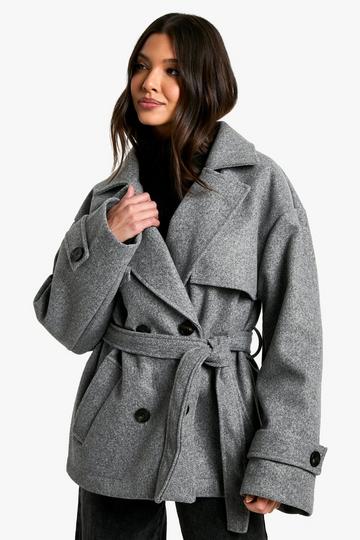 Belted Wool Look Short Coat grey