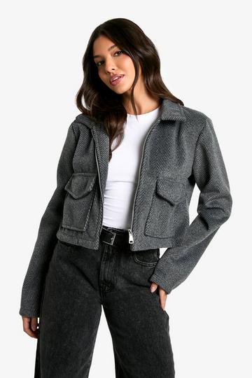 Herringbone Short Wool Look Jacket grey