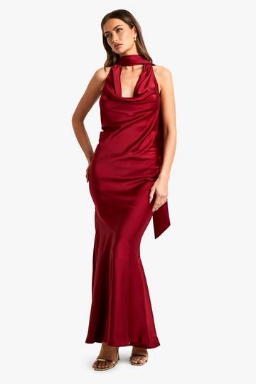 Satin Halterneck Maxi Dress berry