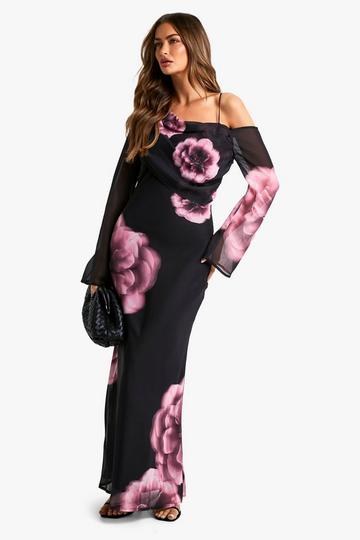 Asymmetrische Roze Chiffon Bloemen Maxi Jurk black