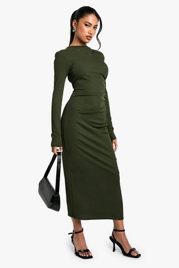 Sheer Ruched Long Sleeve Maxi Dress forest