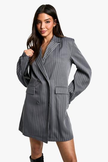 Stripe Woven Pocket Front Oversized Blazer Dress charcoal