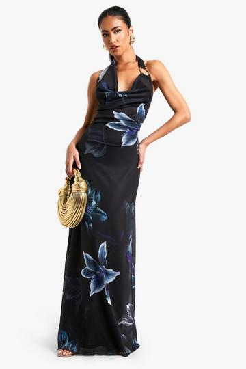 Flower Print Gold Trim Maxi Dress black