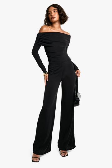 Tall Zachte Asymmetrische Jersey Top Met Perzikhuid En Wide Leg Broek Set black