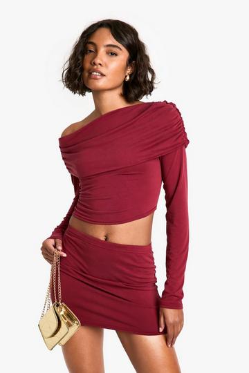 Tall Soft Peached Jersey Asymmetric Top and Mini Skirt Co-ord wine